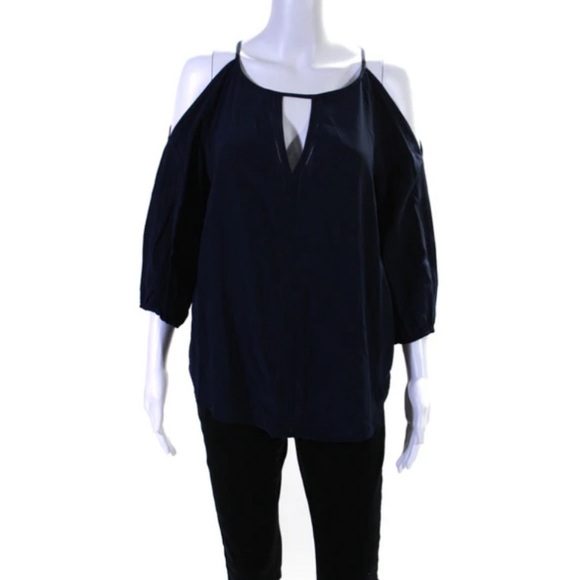 Trina Turk Keyhole Cold Shoulder Bishop Sleeve Blouse Navy Size M 100% silk - Picture 1 of 6
